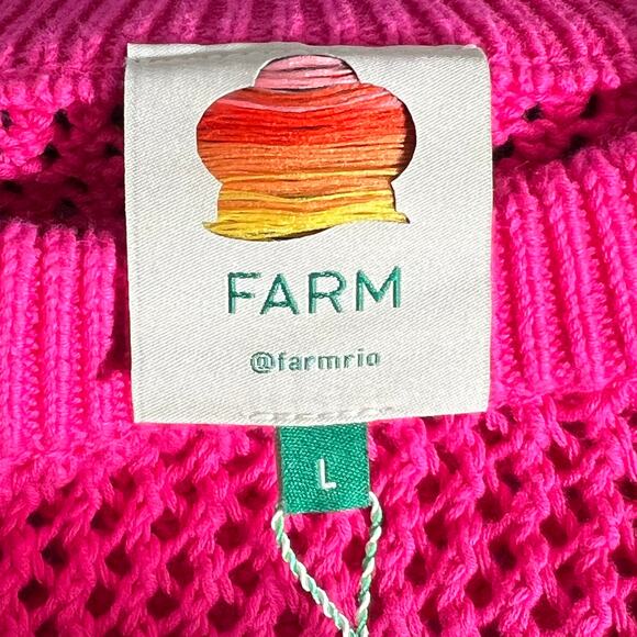 Farm Rio Amazon Stamps Open Knit Cotton Sweater Pink Womens Size Large Island - Picture 13 of 14